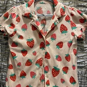 Girls Strawberry Button-Front Short Sleeve Top  and Shorts PJ Pink/Red